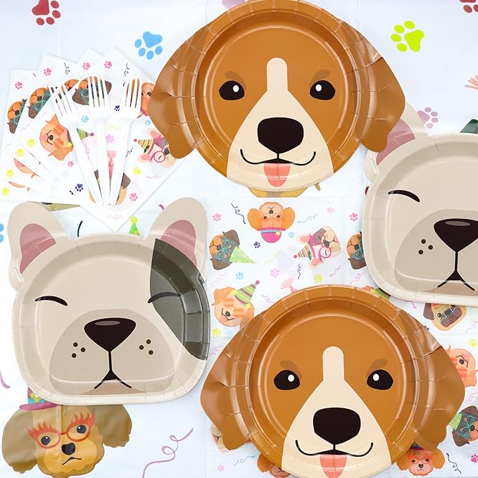 81 Pcs Dog Party Decorations - Including Plates, Napkins, Puppy Tablecloth, Black Plastic Forks for Kids Puppy Dog Themed Birthday Party Supplies, Serve 20