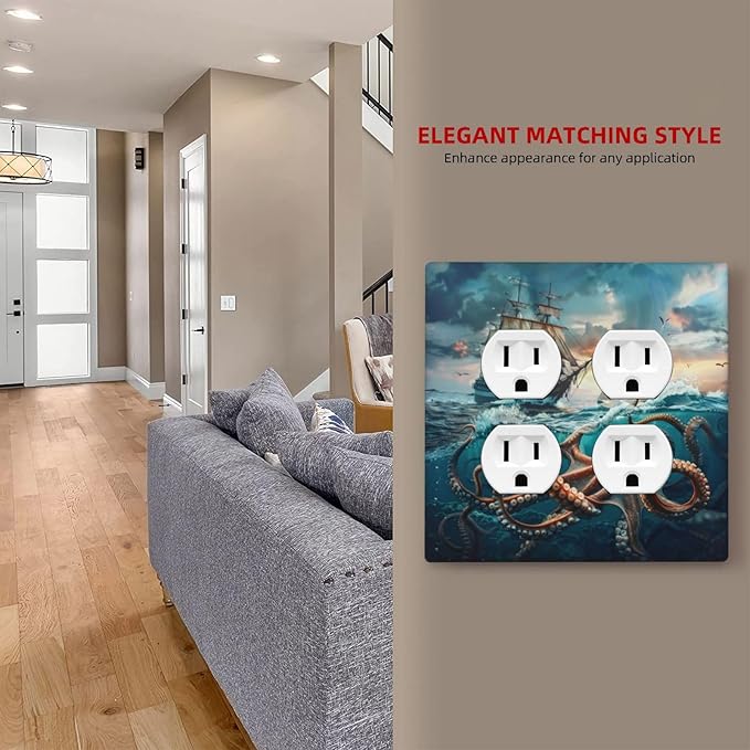 Decorative Outlet Covers Sailboat Ship Octopus Ocean Sea Waves 2 Gang Decorative Switch Plate Double Duplex Wall Plates Switch Plates and Outlet Covers for Bathroom Bedroom Decor