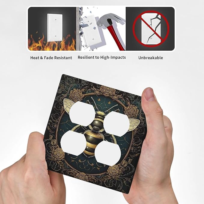 Outlet Covers Mid Century Bee Dark Floral 2 Gang Double Duplex Decorative Light Switch Covers Electrical Wallplates Socket Faceplate For Home Office Decor