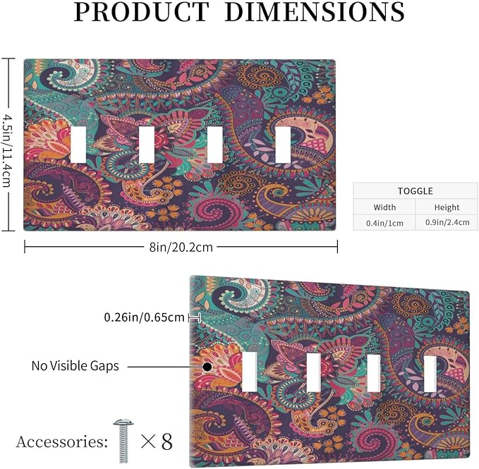 Mandala Boho Paisley Purple Floral Colorful Flower Light Switch Covers Quad Toggle Electrical Faceplate 4 Gang Wall Plate Decorative Switch Plates Cover for Home Bedroom Decor