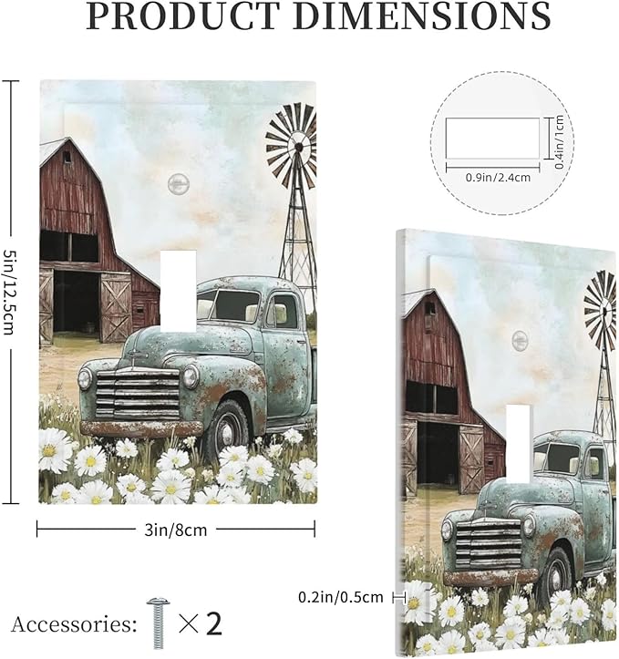 Retro Trucks Old Barn Windmill Teal Car Rustic Decorative Light Switch Cover 1 Gang Single Toggle Device Electrical Faceplate Switchplates Decorator Outlet Wall Plate for Farmhouse Home Decor