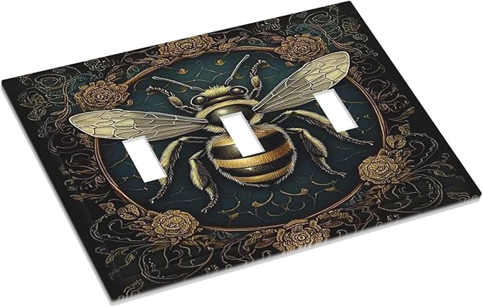 Decorative Switch Plates Mid Century Bee Dark Floral 3 Gang Wall Plate Triple Toggle Light Switch Cover Faceplate Electrical Wall Panels For Home Office Decor