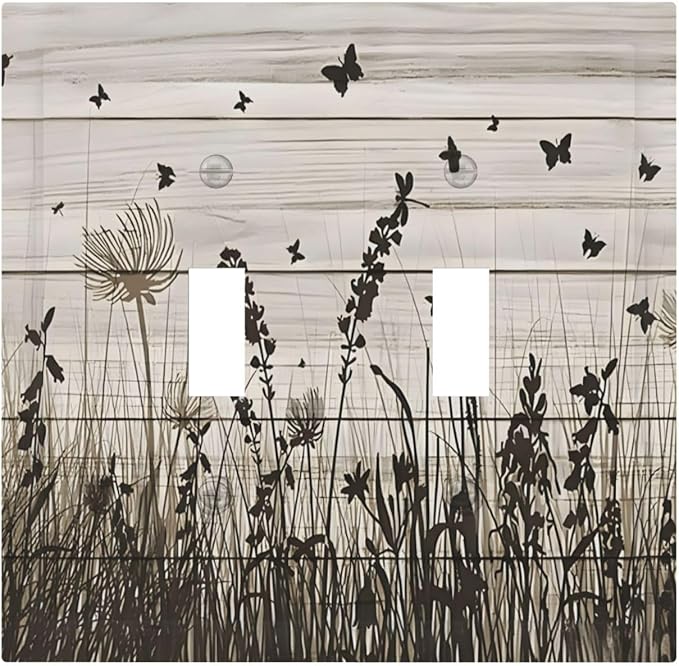 Wildflower Butterfly Grass Dandelion Vintage Wooden Print Decorative Switch Plates 2 Gang Double Toggle Outlet Light Switch Cover Wall Plate Electrical Faceplate for Farmhouse Home Decor