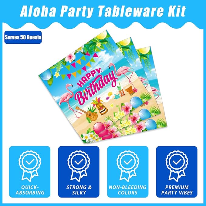 200Pcs Hawaiian Aloha Party Tableware Set, Luau Tropical Birthday Party Decorations Supplies for Summer Beach Pool Retirement Baby Shower Disposable Paper Plates Napkins Forks for 50 Guests