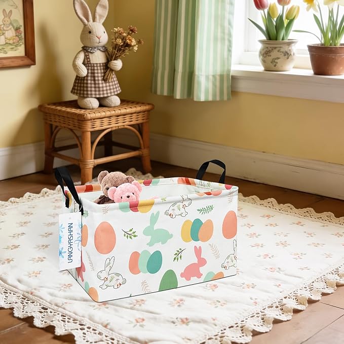 LANGYASHAN Rectangular Storage Bin Collapse Canvas Fabric Cartoon Storage Basket with Handles for Organizing Home Kitchen Boys and Girls Toys Office Closet Shelf Baskets (Rec Rabbit Easter Egg)