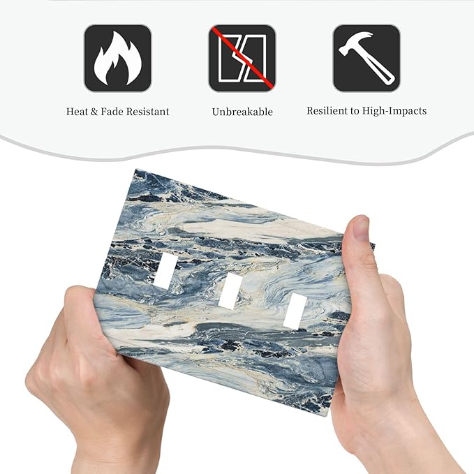 Decorative Switch Plates Blue Grey Marbling Modern Abstract Design 3 Gang Wall Plate Faceplate Triple Toggle Light Switch Cover Electrical Wall Panels for Bedroom living Room Decor
