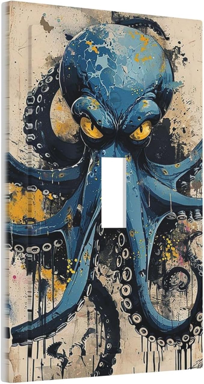 Decorative Light Switch Cover Nautical Vintage Blue Octopus Yellow Eyes Oil Watercolor 1 Gang Single Toggle Device Electrical Faceplate Switchplates Decorator Outlet Wall Plate for Kids room