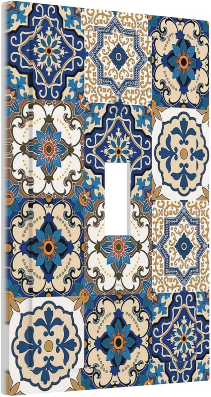 Decorative Light Switch Cover Mandala Decorative Tile Talavera Moroccan Tiles 1 Gang Single Toggle Decorator Outlet Wall Plate Device Electrical Faceplate Switchplates for Bedroom