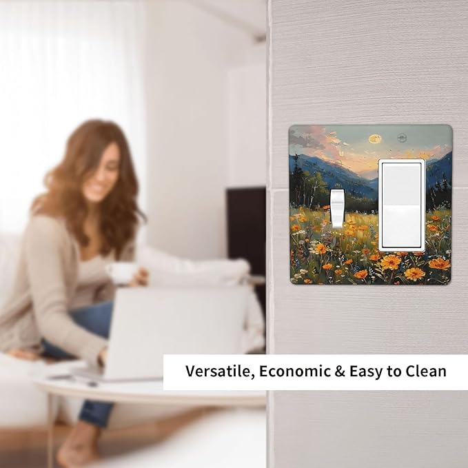 Sunset Wild Flower Field Floral Nature Landscape Outlet Covers 1 Toggle 1 Rocker Combination Decorative Wall Plate Electrical Switch Plates Light Switch Cover Plate for Farmhouse Bedroom Decor
