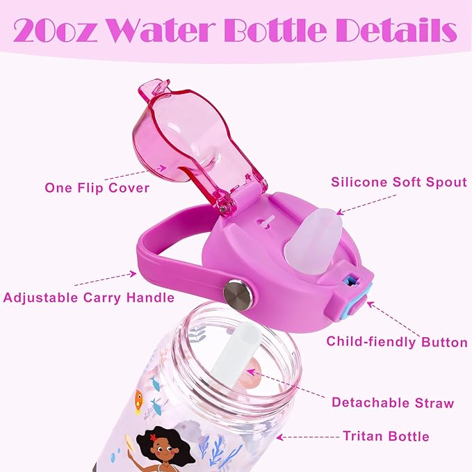 Queenshin Girls Mermaid Water Bottle for School 20oz BPA-Free Tritan Outdoor Kids Sports Leak Proof Water Cup with Straw Lid Handle Pop-Up Spout Cover