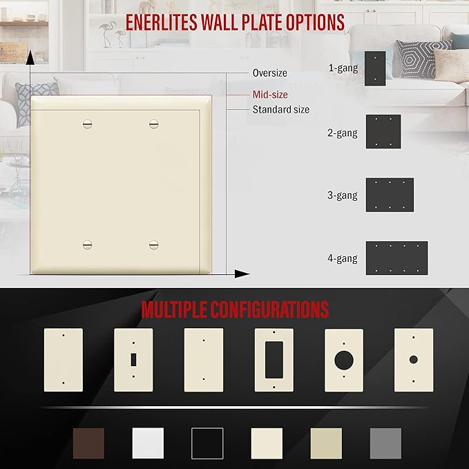 ENERLITES Double Blank Device Wall Plate, Gloss Finish, Mid-Size 2-Gang 4.88" x 4.92", Unbreakable Polycarbonate Thermoplastic, UL Listed, 8802M-LA, Light Almond