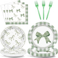 CHUNNIN 96Pcs Green Plaid Bow Spring Plates and Napkins Party Decorations Bow Theme Dessert Paper Plates Napkins Birthday Tableware Set for 24 Guests Girls Baby Shower Picnic BBQ Party Suppliess