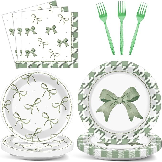 CHUNNIN 96Pcs Green Plaid Bow Spring Plates and Napkins Party Decorations Bow Theme Dessert Paper Plates Napkins Birthday Tableware Set for 24 Guests Girls Baby Shower Picnic BBQ Party Suppliess