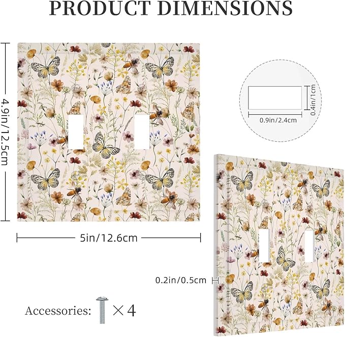 Vintage Butterflies 2 Gang Double Toggle Wall Plates Colorful Wildflower Light Switch Cover Decorative Cute Bees Electrical Switchplate Faceplate Beige Flower Leaves Dimmer Decor for Bedroom Kidroom