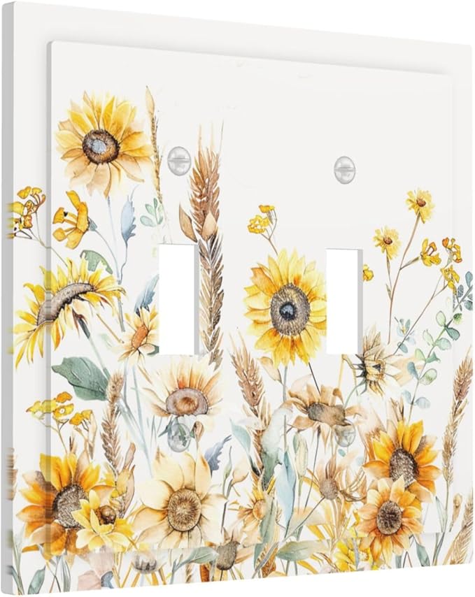 Yellow Floral Sunflowers Wheat Ears Watercolor Wild Flowers Decorative Switch Plates 2 Gang Double Toggle Outlet Light Switch Cover Wall Plate Electrical Faceplate for Bedroom Living Room Decor
