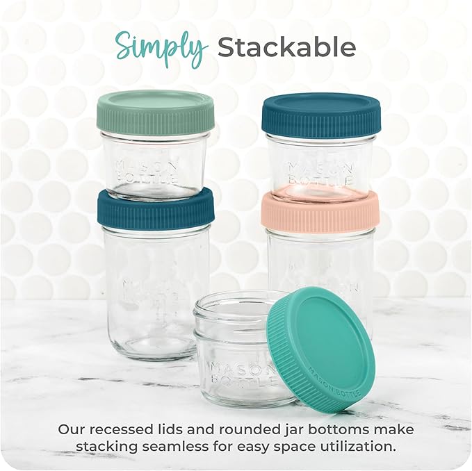 Mason Bottle Breast Milk Storage Jars (4oz & 8oz, 8-Pack) – Reusable Glass Baby Food Containers with Lid for Baby Formula & Breastmilk – Airtight, Stackable, Freezable (Deep Ocean)