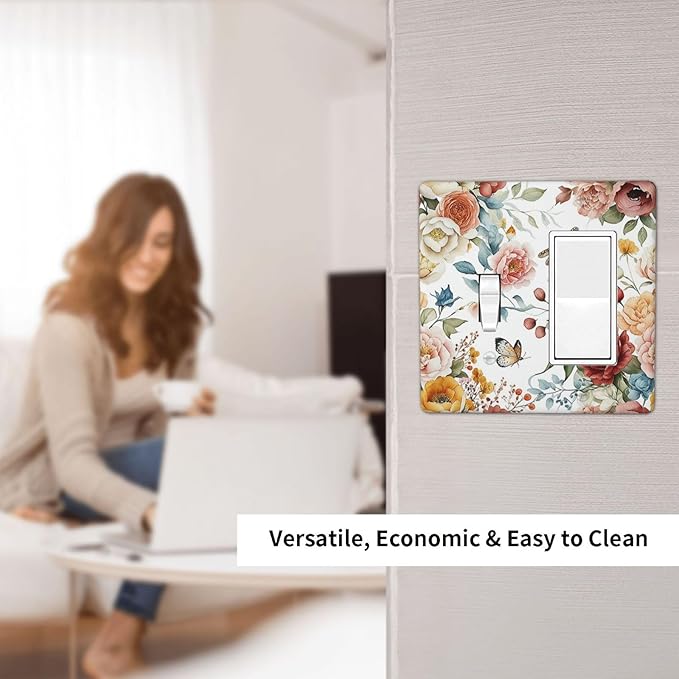 Rustic Style Colorful Peony Butterfly Dragonfly Outlet Covers 1 Toggle 1 Rocker Combination Electrical Switch Plates Light Switch Cover Plate Decorative Wall Plate for Bedroom Living Room Decor