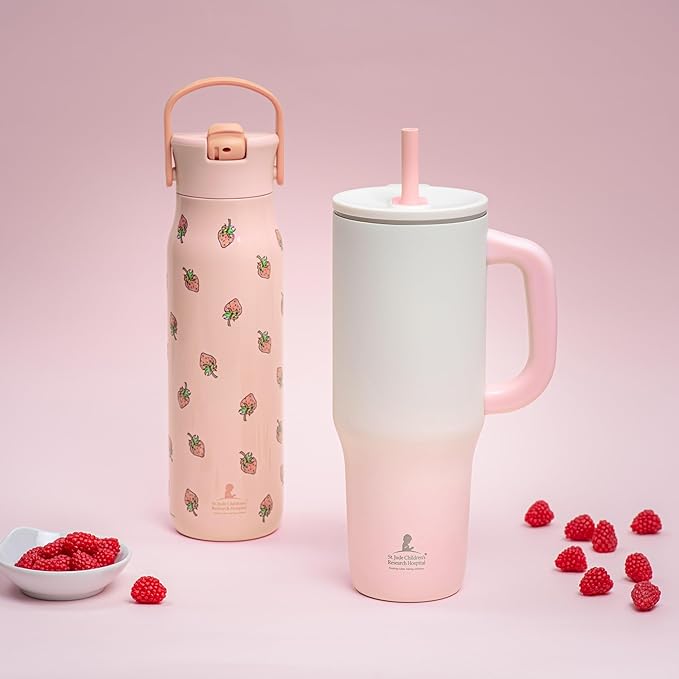 Zak Designs Harmony Water Bottle Benefiting St. Jude, For Travel or At Home, 32oz Stainless Steel is Leak-Proof When Closed and Vacuum Insulated with Straw Lid and Carry Handle (Strawberry)