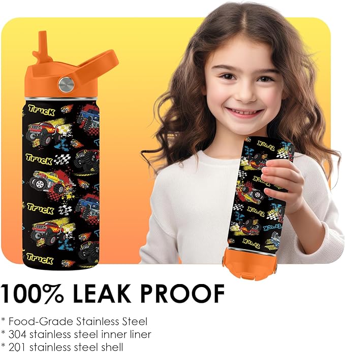 Truck Gifts for Kids - 16 Oz Kids Water Bottle with Straw Lid, Stainless Steel Insulated Tumbler, Leak Proof, BPA-Free, for Girls, School, Travel - Truck Lovers Children Birthday Gifts Cups(1pc)