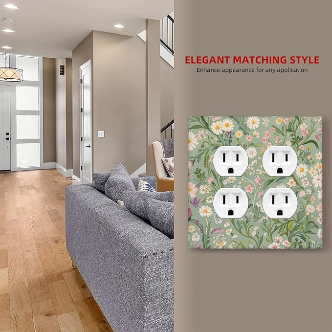 Decorative Outlet Covers with Vintage Wildflowers & Daisies on Light Green Background Design 2 Gang Wall Plate Double Duplex Receptacle Light Switch Cover Switch Plate Cover