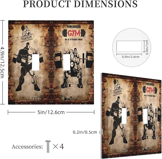 Vintage Gym Retro Brick Dumbbell 2 Gang Double Toggle Wall Plates Light Switch Cover Decorative Electrical Switchplate Faceplate Dimmer for Bedroom Kidroom Bathroom Gyms Decor