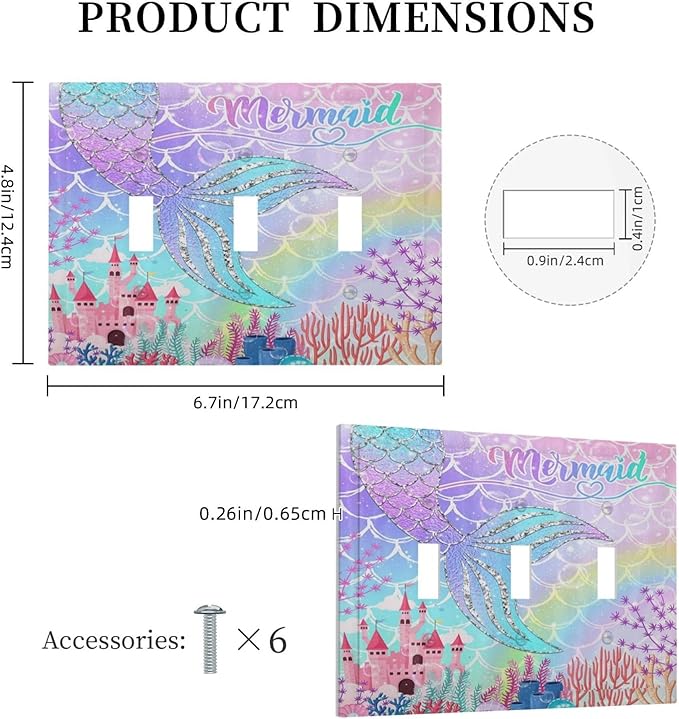 Silvery Glitter Cute Mermaid Tail Fantasy Castle 3 Gang Light Switch Covers Triple Toggle Wall Plate Decorative Switchplate Electrical Faceplate for Kidroom Nursery Bedroom Kitchen Decor