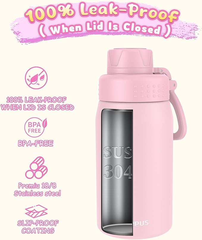 GOPPUS 15oz Kids Water Bottle with Spout Lid, Toddler Water Bottle, Stainless Steel Insulated Water Bottle, Leakproof, BPA Free, Suitable for Boys and Girls for School（Pink）
