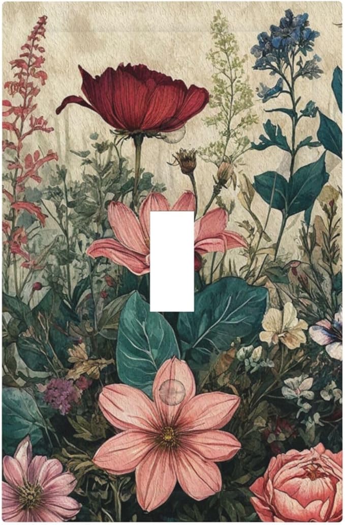 Decorative Light Switch Cover Plate Rustic Wildflower Red Floral Green Plant 1 Gang Wall Plate Oversized Single Toggle Wall Cover Plate Jumbo Electrical Switchplate Face Plate