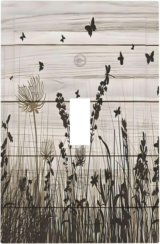Wildflower Butterfly Grass Dandelion Vintage Wooden Print Decorative Light Switch Cover 1 Gang Single Toggle Device Electrical Faceplate Switchplates Decorator Outlet Wall Plate for Farmhouse Home