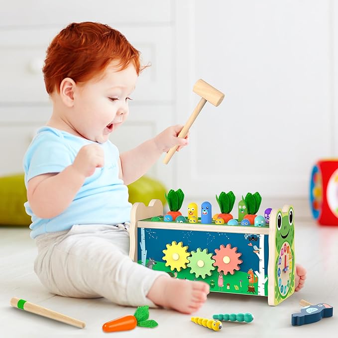 6-IN-1 Wooden Montessori Toys for 1 Year Old, Mole-Tapping Game | Play the Xylophone | Frog Clock | Carrot Harvest Game | Spinning Gear, Toddler Toys Aged 1-4, Baby Toy Gift for Early Learning