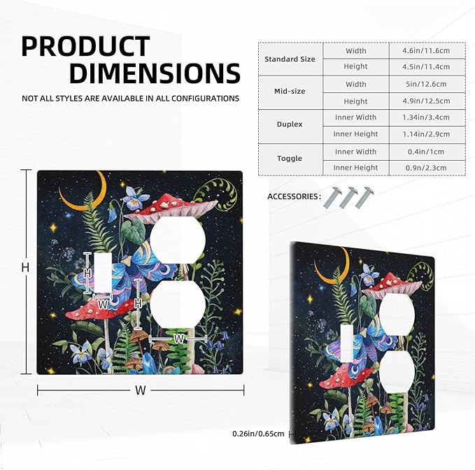 Decorative Fariy Tale Mushroom 2-Gang 1-Toggle 1-Duplex Combination Receptacle Wall Plate Boho Gothic Moth Hippie Moon Stars Butterfly Combo Device Toggle/Outlet Light Switch Faceplate Cover