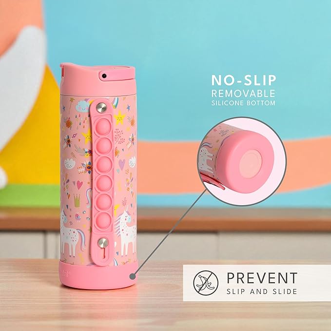 Elemental Iconic Kids Water Bottle for School - 100% Leak-Proof Insulated Water Bottles with Straw Lid & Pop-It Handle for Boys & Girls - Triple-Wall Insulated & BPA-Free, 14oz – Pink Unicorn