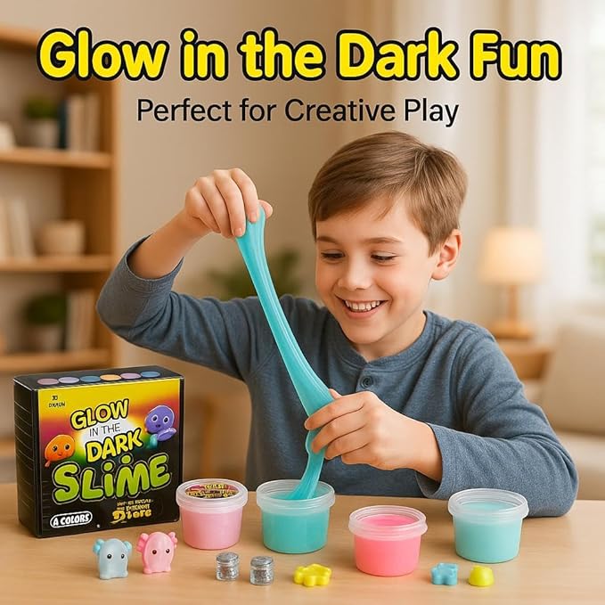 4 Pack Glow in The Slime Kit with Axolotl Charms, 4 Neon Party Favors for Kids, Sensory Toy for Boys & Girls, Non-Toxic, Stretchy, Gooey Fun, Birthday, Halloween, Classroom & Treat Bags