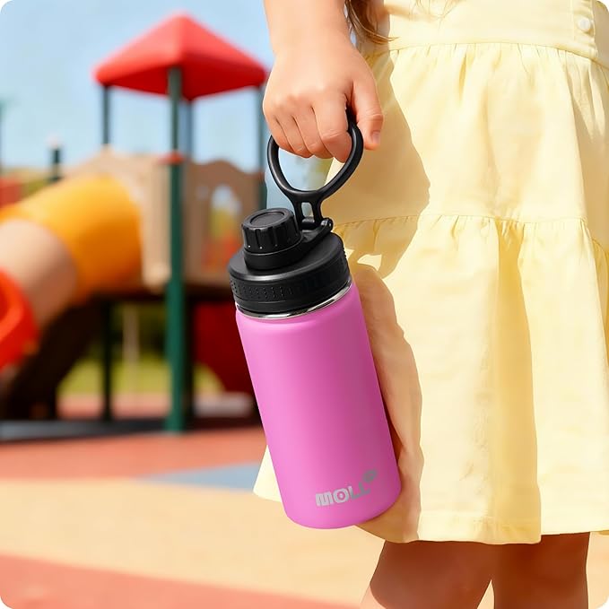 16 oz Water Bottle for Kids-16 oz Stainless Steel Vacuum Wide Mouth Sports Flask with Silicone Boot-Reusable Metal Leak Proof Travel Water Bottle for Girls Boys, BPA-Free(Hot Pink)