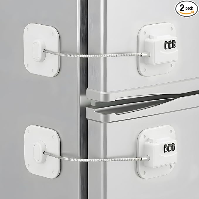 Fridge Lock,2 PCS Refrigerator Lock for Freezer,Cabinets and Drawers,Air Fryer,Doors,Combination Code,Heavy Duty with Adhesive Backing,Easy Install,No Keys Needed White