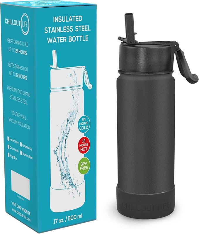 CHILLOUT LIFE 17 oz Kids Insulated Water Bottle for School with Straw Lid Leakproof and Cute Waterproof Stickers, Personalized Stainless Steel Thermos Flask Metal, Black