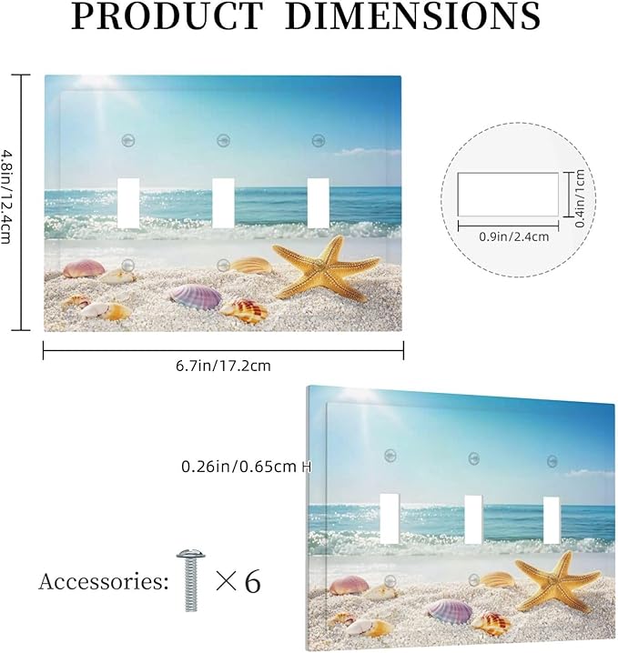 Decorative Switch Plates Summer Beach Colorful Seashell Starfish 3 Gang Wall Plate Triple Toggle Light Switch Cover Faceplate Electrical Wall Panels For Kids Room Nursery Decor