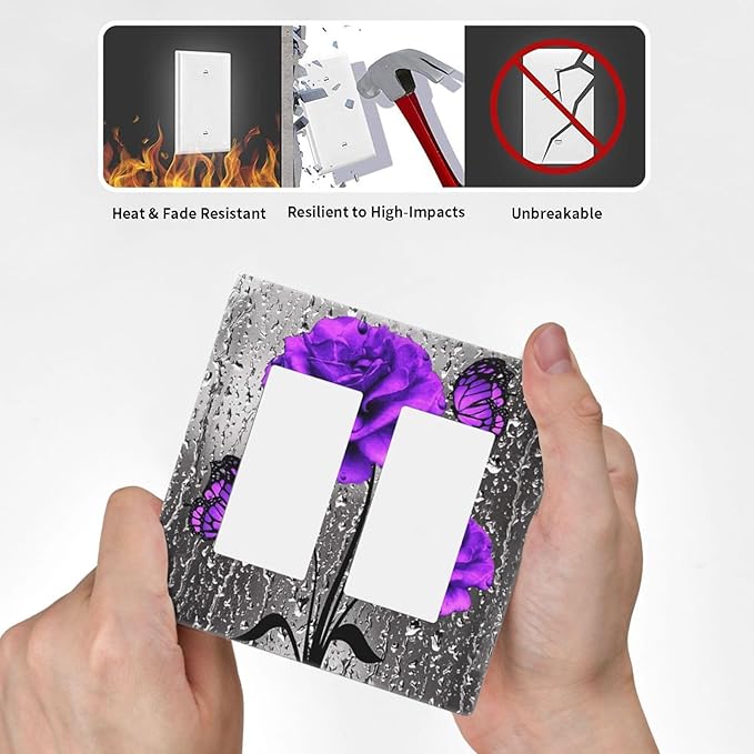 Fashion Woman Purple Grey Rose Flowers Butterfly 2 Gang Double Decorator GFCI/Rocker Wall Plate Vibrant Blossom Floral Art Electrical Outlet Decorative Receptacle Cover Light Switch for Dimmer, USB
