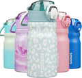 BJPKPK Water Bottle with Straw 14oz Insulated Water Bottles Reusable Stainless Steel Metal Thermal Flask with Leak Proof Lockable Lid and Carry Handle,Light Blue Leopard