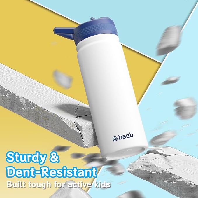 baab 18oz Kids Water Bottle, Insulated Water Bottle with Straw & Stickers, 18/8 Stainless Steel Vacuum Leakproof Kids Water Straw Cup for School, Perfect for Boy Girl (White, 1 Pack)