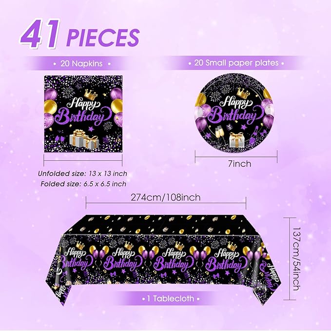 Purple and Black Birthday Decorations,Disposable Party Tableware include Happy Birthday Plates Napkins Tablecloth,for Bday Party Decorations for Women,Girls,Men and Boys,Serves 20