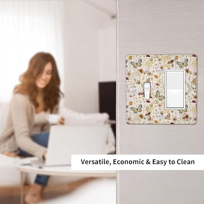 Vintage Butterflies 2 Gang Toggle Rocker Light Switch Cover Decorative Colorful Wildflower Combin Wall Plates Cute Bees Art Panel Beige Flower Leaves Dimmer Decor for Bedroom Kidroom