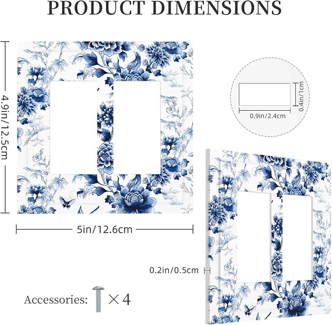 Blue Flower White Floral Plant Bird Butterfly Decorative Outlet Covers 2 Gang Double GFCI Rocker Electrical Wall Panels Light Switch Cover Plate for Bedroom Living Room Decor