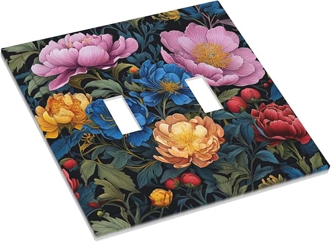 Decorative Light Switch Plate Covers Big Yellow Pink Flowers Blue Red Floral Green Leaf 2 Gang Wall Plate Double Toggle Switch Cover Plate Electric Dual Device Electrical Faceplate
