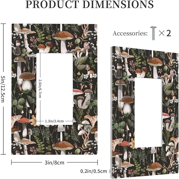 Mid Century Black Boho Mushroom Floral 1-Gang Decorator Rocker Outlet Light Switch Cover Plant Leaf Fungus Forest Botanical Decorative Single Device GFCI Receptacle Switch Wall Plate Dimmer Mid Size