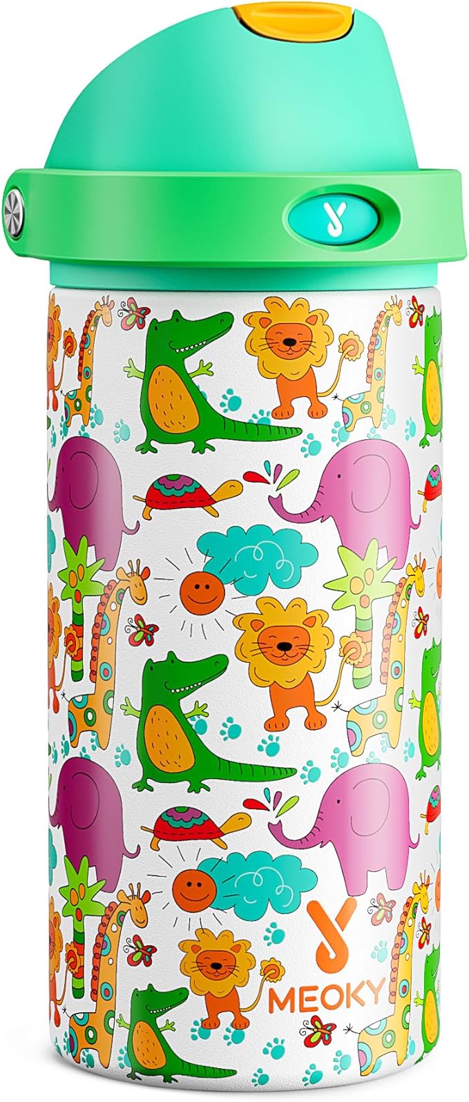18 oz Kids Water Bottle for School: Meoky 18 oz Stainless Steel Insulated Water Bottle with 2-in-1 Straw and Spout Lid - Leak Proof, Fits in Car Cup Holder, BPA-Free for Teens Boys Girls, Wild Animals