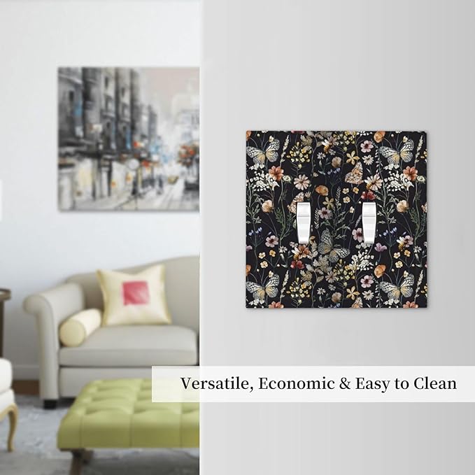 Butterfly 2 Gang Double Toggle Wall Plates Vintage Flower Leaves Light Switch Cover Decorative Dark Backgrounds Electrical Switchplate Faceplate Cute Bees Dimmer Decor for Bedroom Kitchen Bathroom