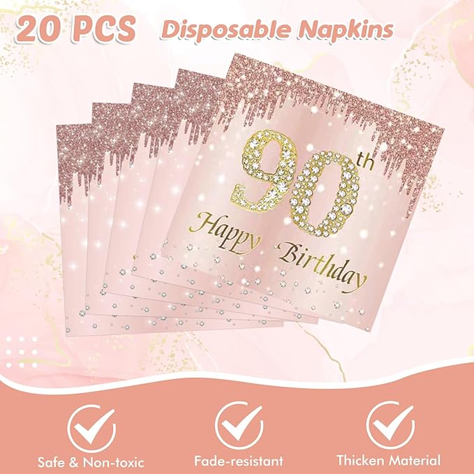 41Pcs 90th Birthday Decorations, Rose Gold Birthday Party Supplies Include 20Pcs Plates 20Pcs Napkins and 1Piece Tablecloth, Sweet Ninety Year Old Birthday Party Tableware for Girl Ladies Women