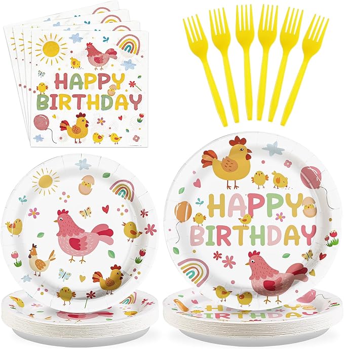 Grencian Chicken Birthday Party Decorations - 96Pcs Little Chick Birthday Plates and Napkins Farm Animal Barnyard Baby Shower Disposable Tableware for Kids Boys Girls Chicken Themed Party Decorations