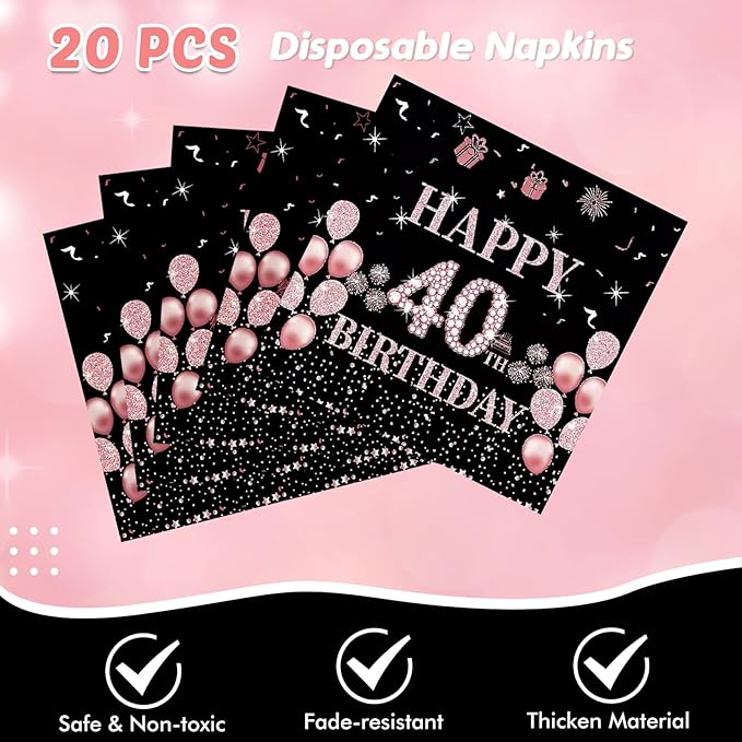 41Pcs 40th Birthday Decorations for Women, Vintage 40 Birthday Black and Rose Gold Disposable Paper Plates and Napkins Party Supplies for 20 Guests, 41Pcs Include 7" Plates Napkins and Tablecloth